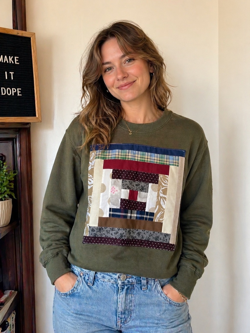Women’s Olive Green Patchwork Sweatshirt
